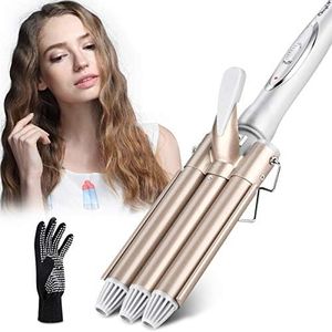 CkeyiN 3 Barrel Curling Iron Wand Hair Waver with LCD 16 Temperature Control Display, Ceramic Tourmaline Crimper Hair Iron with Glove