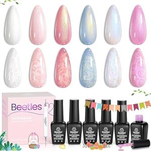 Beetles Shimmer Glitter Gel Nail Polish Set, 6 Colors Pearl White Gel Nail Polish Mermaid Soak Off Uv Led Summer Pink Blue Polish Swirl Thread Effect DIY Manicure Art Gift for Women