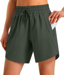 Ksmien Women's 5"/ 7" Athletic Running Shorts Quick Dry Lightweight Workout Gym Shorts with Zipper Pockets UPF 50+ Olive Green XS