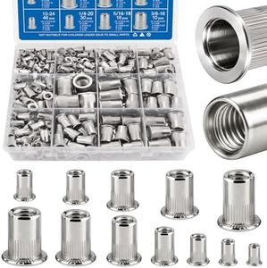 DFDU 390Pcs Rivet Nut Kit, Metric & SAE Rivnut Assortment Set M3 M4 M5 M6 M8 M10 M12#8-32#10-24 1/4"-20 5/16"-18 3/8"-16 304 Stainless Steel Nutsert Flat Head Threaded Inserts for Metal, Automotive