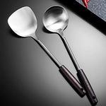 Leeonz Kitchen Utensil Set,Wok Ladle&Shovel/Spatula,Stainless Steel Cooking Utensil Set,Metal Soup Ladle&Wok Spoon Spatula Set With Wooden Handle,Kitchen Gadgets Cookware Set,36 Centimeters