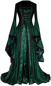 Medieval Costume Women's Renaissance Flare Sleeve Corset Skirt Overskirt Elven Archer Fancy Dress Irish Over Gown 2pcs Set, Green