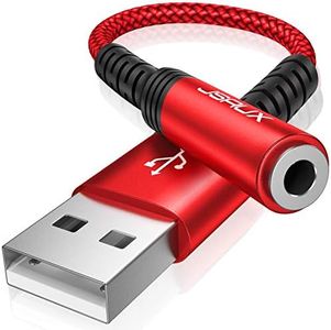JSAUX Tarjeta De Sonido Externa USB, Adaptador USB a Jack 3,5mm Audio, Sonido Estéreo Convertidor Auxiliar para Auriculares y Micrófono Compatible con PS5/4, Linux, computadora portátil, PC-Rojo