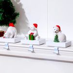 UNIQOOO Handmade White Polar Bear Christmas Stocking Holders, Large 3Pcs Mantel Hook Set with Base Pads, Holds 2 Lb, Cubs with Xmas Tree, Candy Cane, Birds Fireplace Stocking Hanger Décor for Garlands