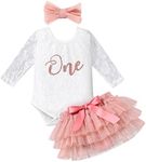 Baby Girl 1st Birthday Photo Shooting Outfit Floral Lace Long Sleeve Romper Bodysuit Princess Tutu Tulle Skirt Bowknot Headband 3pcs Clothes Set One Year Old Party Photo Props Dusty Pink 9-12M