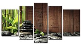 First Wall Art - Green Spa Concep Wall Art Decor Bamboo Grove and Black Zen Stones On The Old Wooden Background Canvas Pictures Artwork 5 Panel Painting Prints for Home Living Dining Room