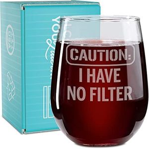 On The Rox Drinks Wine Gifts for Mom - 17 Oz Caution: I Have No Filter Engraved Stemless Wine Glass - Cute Funny Mother's Day, Birthday Gifts for Mothers and Stepmoms - Fun Glasses for Women
