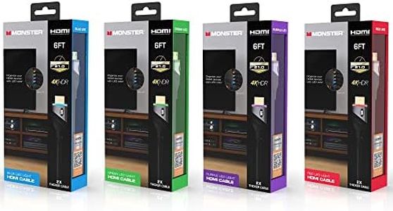 Monster 6ft High Speed 4K HDR Hdmi Cables with Built-in Led Light, Gaming, Video, and Computer, 4 Pack