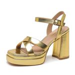 AMOJI Women Platform Heels Chunky Heeled Sandals Dress Block Cross Belt Open Toe Ankle Strap Heels Thick Heels Prom Shoes 312 Gold Size 9 Women