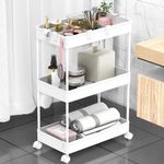 SPACEKEEPER Storage Trolley 3-Tier Rolling Utility Cart Slide Out Shelving Organization Shelf for Laundry Bathroom Kitchen with Small Containers & Hooks White