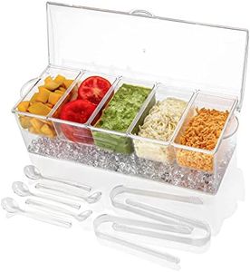 Ice Chilled 5 Compartment Condiment Server Caddy | Serving Tray Container with 5 Removable Dishes Over 2 Cup Capacity Each and Hinged Lid | 5 Spoons + 3 Tongs + 1 Cup with Forks Included