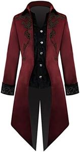 Crubelon Men's Steampunk Vintage Tailcoat Jacket Gothic Victorian Frock Coat Uniform Halloween Costume, Red, Small