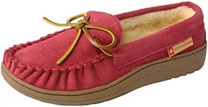 Alpine Swiss Sabine Womens Moccasin Slippers Genuine Suede House Shoe Memory Foam Insole Plush Faux Shearling Fur Indoor Outdoor Anti-Slip Rubber Sole Red 5