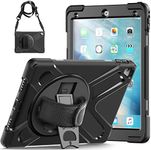 iPad Pro 9.7 Case 2016 Model A1673 | TSQ iPad Pro 9.7 Inch Case Heavy Duty Shockproof Hard Rugged Case Cover w/ 360 Degree Rotating Stand Hand Strap Shoulder Strap for iPad 9.7 Pro A1674/A1675-Black