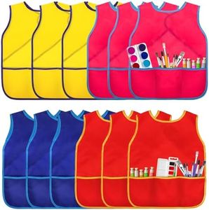 DEAYOU 12 Pack Kids Art Smock, Waterproof Children Artist Painting Apron with 3 Pockets, Sleeveless Paint Smock for Child Age 3-8 Years, Cooking, Baking, Craft, Classroom, Kitchen, 4 Colors