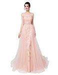 Sarahbridal Womnes Beaded Sequin Prom Dress Long Fromal Evening Cocktail with Tulle Train Blush US4