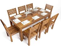 wood affair Solid Sheesham Wood CNC Dining Table 8 Seater, Eight Seater Dinning Table with 8 Chairs for Home, Wooden Kitchen Dining Room Sets for Restaurant, Natural Teak Finish-D28