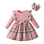 Infant Toddler Baby Girls One-Piece Dress Long Sleeve Bow Plaid Skirt Autumn Princess Headband 2pcs Outfits Set Pink 3-6 Months