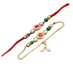 CraftVatika Rakhi Magnet Gift for Brother and Bhabhi Lumba Floral Rakhi Kundan Bracelet Rakhi for Bhaiya Bhabhi Raksha bandhan Couple Pearl Rakhi Set of 2 Rakhi with Fridge Magnet Gift