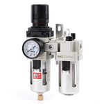 SNS 1/4" NPT Compressed Air Filter Regulator Lubricator Two Units Combo FRL Water/Oil Trap Separator, Semi-auto Drain, Gauge and Bracket, Poly Bowl with Metal Guard AC3010-N02A