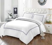 Tamor® Embroided Baratta Stitch Duvet Cover Set with Matching Pillowcases - Ultra-soft Brushed Microfibre – Chic & Modern Design – Easy Care & Machine Washable (White/Navy Blue, King)