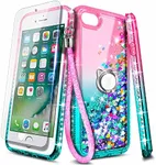 NGB Compatible for iPhone 8 Plus Case, iPhone 7 Plus /6 Plus /6S Plus with Tempered Glass Screen Protector, Ring Holder, Girls Women Kids Liquid Bling Sparkle Glitter Cute Case (Pink/Aqua)