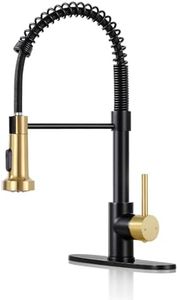 DJS Kitchen Faucets with Pull Down Sprayer Matte Black & Brushed Gold -【High Arc】 Single Handle 1 or 3 Holes Spring Kitchen Sink Faucet with Deck Plate for Farmhouse RV Vessel Basin