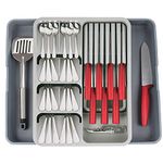 FOREVERIE Extra Large Two-way Expandable Cutlery Tray Organizer with Knife Holder, Adjustable Kitchen Utensils Silverware Drawer Organiser for Knives, Spoons and Forks, Grey