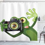 ABAKUHAUS Animal Shower Curtain, Photographer Merry Frog Taking a Picture His Camera Funny Animal Pattern, Cloth Fabric Bathroom Decor Set with Hooks, 70 Inches, White Black