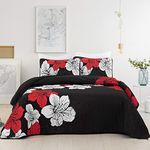 DJY 3 Pieces Quilt Set King Red Floral Pattern Quilt Coverlet Set Elegant Boho Bedspread with 2 Pillow Shams Lightweight Microfiber Bedding Quilt Set for All Season (Black, 104"x90")