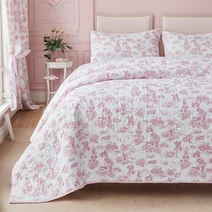 Brandream Luxury Pink Toile Print Cotton Quilt Set Full Size French Country Toile de Jouy Inspired Bedding Elegant Botanical Pastoral Print Soft Cotton Quilt Set 3-Piece