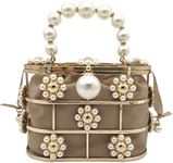 Boutique De FGG Flower Evening Handbags with Pearl Rhinestones Wedding Bucket Totes Bags Party Crystal Clutch Purses,Gold,Small