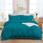 Teal Ruffle Frills Bedding Set for All Seasons Soft Breathable Microfiber Duvet Cover with 2 Pillowcases King 220 x 230 cm