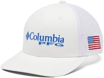 Columbia Unisex PFG Mesh Ball Cap, White, Vivid Blue, USA Flag, Small/Medium