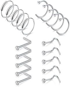 D.Bella Silver Nose Ring, 20G 316L Stainless Steel Nose Ring Studs Body Piercing Jewelry 8mm