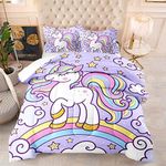 Axolotl Rainbow Unicorn Bedding Set Twin,Purple Unicorn Kids Comforter Sets with Stars Cloud for Girls,1 Quilt with 2 Pillowcases for Girls Kids Teens Children Adults Bedroom Decor All Season