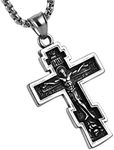 HZMAN Vintage Orthodox Cross Crucifix Stainless Steel Pendant Necklace for Men Women 22+2 Inches Chain (Silver)