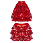 Jowowha Girls Sequins Dance Clothes Dress Sparkle Hip Hop Jazz Latin Dance Outfit Sleeveless Crop Top and Skirt Red 11-12 Years