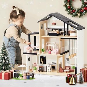 Tiny Land Doll House, Modern Family Dollhouse with Realistic Design, Wooden Dollhouse with 53Pcs Furniture - Ideal Gift for Kids Ages 3+