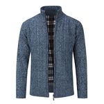 Mens Knitted Cardigan Thick Sweater Full Zip Wool Stand Collar Cardigans Coat Fleece Lined Long Sleeve Cardigan, Blue, M