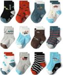 12 Pack Baby Non Slip Socks, Toddlers Kids Soft Cotton Crew Socks with Grippers Non-Skid Ankle Socks for Boys Girls Infant (AU, Age, 1 Year, 3 Years, Red Car 12 Pairs)