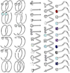 ONESING Nose Rings for Women Nose Piercing Jewelry Silver Nose Rings Studs 20G Surgical Nose Rings Hoops Nose Rings L Shaped Studs Screw Stainless Steel Nose Piercings for Women Men, Stainless Steel, not known