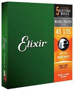 Elixir 14207 Nanoweb Coating Nickel Plated Steel Bass Guitar 5 String Light Medium, Long Scale .045-.0135 Gauges