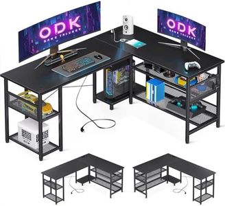 ODK Scrivania Gaming ad L con Design Reversibile, Scrivania con Ampio Spazio di Archiviazione, Scrivania ad Angolo con 2 Prese e 2 Porte USB, Nero, 150×102 cm