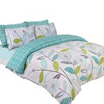 Dreamscene Allium Floral Autumn Checkered Tartan Natural Duvet Set Matching Pillowcase, White and Teal,2 pieces, Double