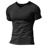 Men Summer Casual Short Sleeve Henleys T-Shirt Single Button Placket Plain v Neck Shirts Cotton Style A Black S