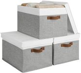 StorageWorks Lidded Large Storage Bins, Foldable Decorative Storage Boxes, Fabric Storage Basket with PU Handles, Grey and White, Jumbo, 3-Pack