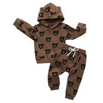 Toddler Infant Baby Boy Clothes Hoodie Bear Print Long Sleeve Top Pants Outfit Set 12-18 Months Brown