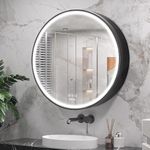 Plantex Aluminium Framed Round LED Bathroom Shelf for Wall with Mirror/Heavy-Duty Steel Body Bathroom Cabinet with Defogger and Bluetooth- 24x24 Inch, Black