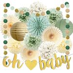 Sage Green Baby Shower Decorations Oh Baby Banner Tissue Paper Pom Poms Flowers Paper Fans Circle Dot Garland Neutral Party Supplies Boy Girl Gender Reveal Birthday Party Decorations